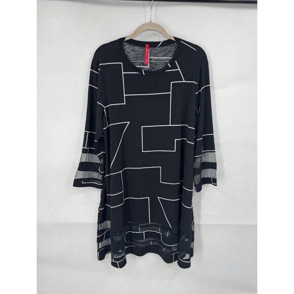 IC By Connie K Geometric Tunic Women L Black Lagenlook Art To Wear Mature Artsy - Picture 1 of 9